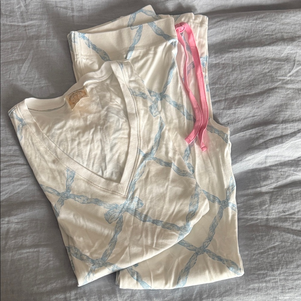 White and Blue Pajama Set with Pink Accent